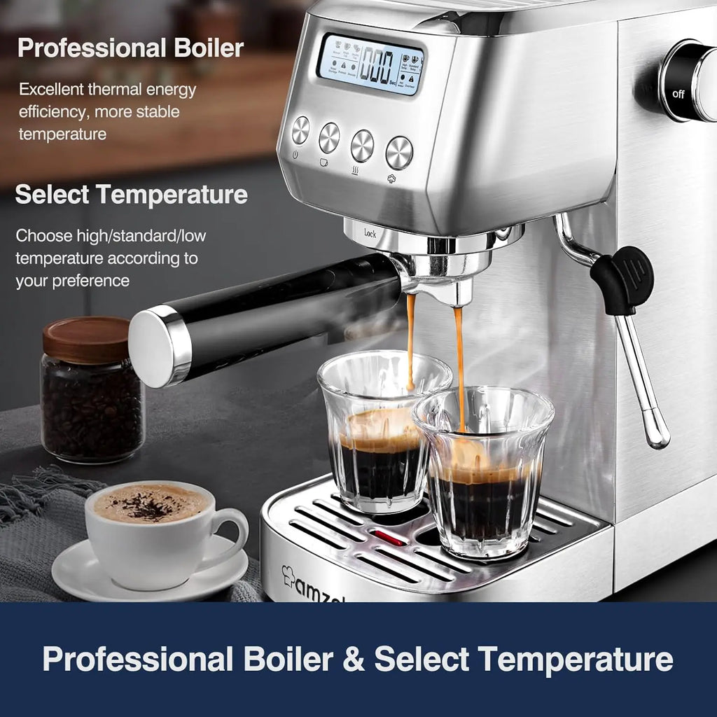 Caffeine & Co 20Bar Espresso Machine with LCD Display, Stainless Steel Coffee Maker for Home Use, Ideal Gift