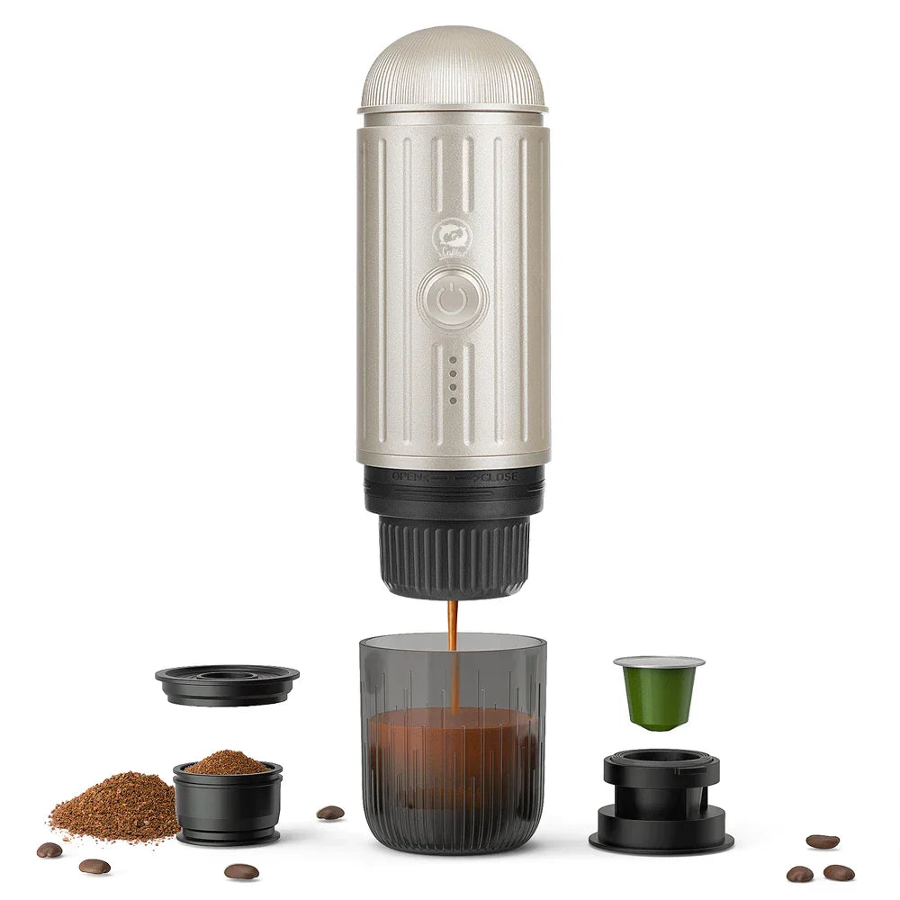 Caffeine & Co Portable Electric Espresso Machine Travel Coffee Maker for Camping, Car Self-Heating with Ground Coffee & NS Capsule