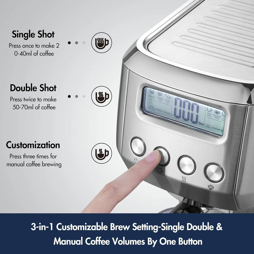 Caffeine & Co 20Bar Espresso Machine with LCD Display, Stainless Steel Coffee Maker for Home Use, Ideal Gift