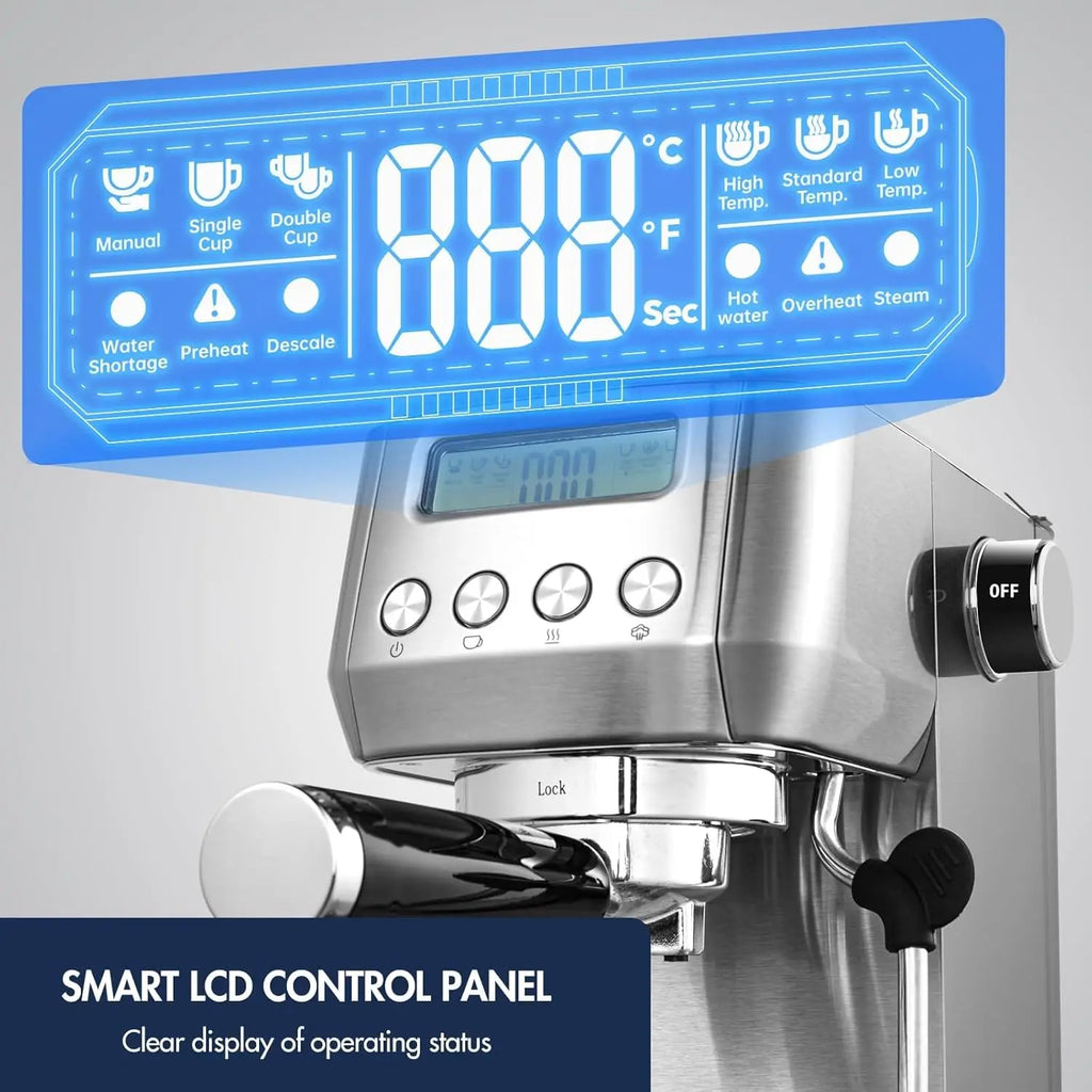 Caffeine & Co 20Bar Espresso Machine with LCD Display, Stainless Steel Coffee Maker for Home Use, Ideal Gift