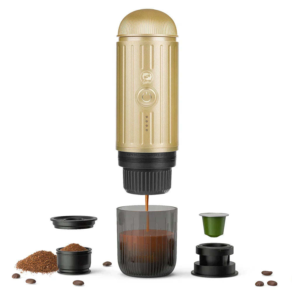 Caffeine & Co Portable Electric Espresso Machine Travel Coffee Maker for Camping, Car Self-Heating with Ground Coffee & NS Capsule
