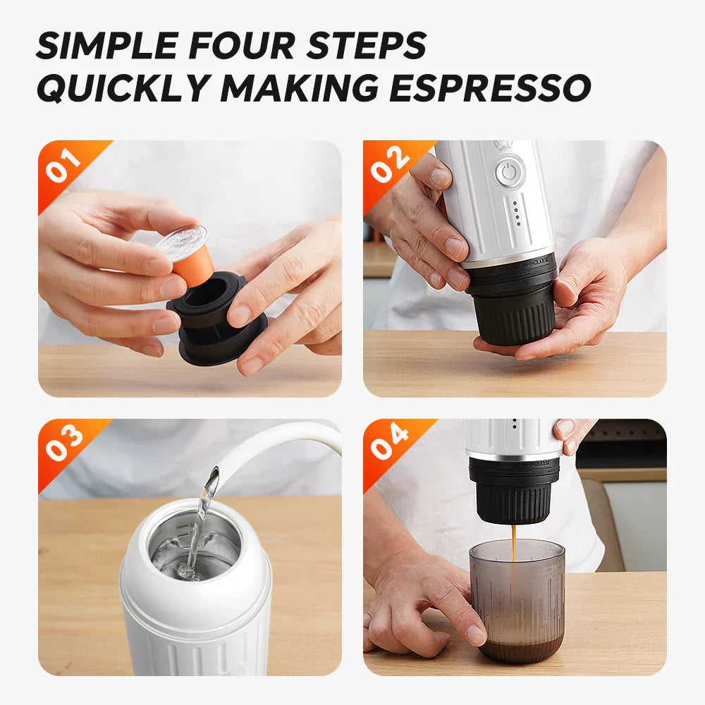 Caffeine & Co Portable Electric Espresso Machine Travel Coffee Maker for Camping, Car Self-Heating with Ground Coffee & NS Capsule
