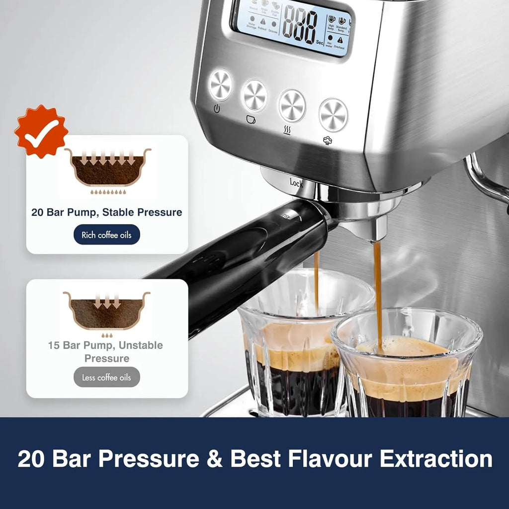 Caffeine & Co 20Bar Espresso Machine with LCD Display, Stainless Steel Coffee Maker for Home Use, Ideal Gift