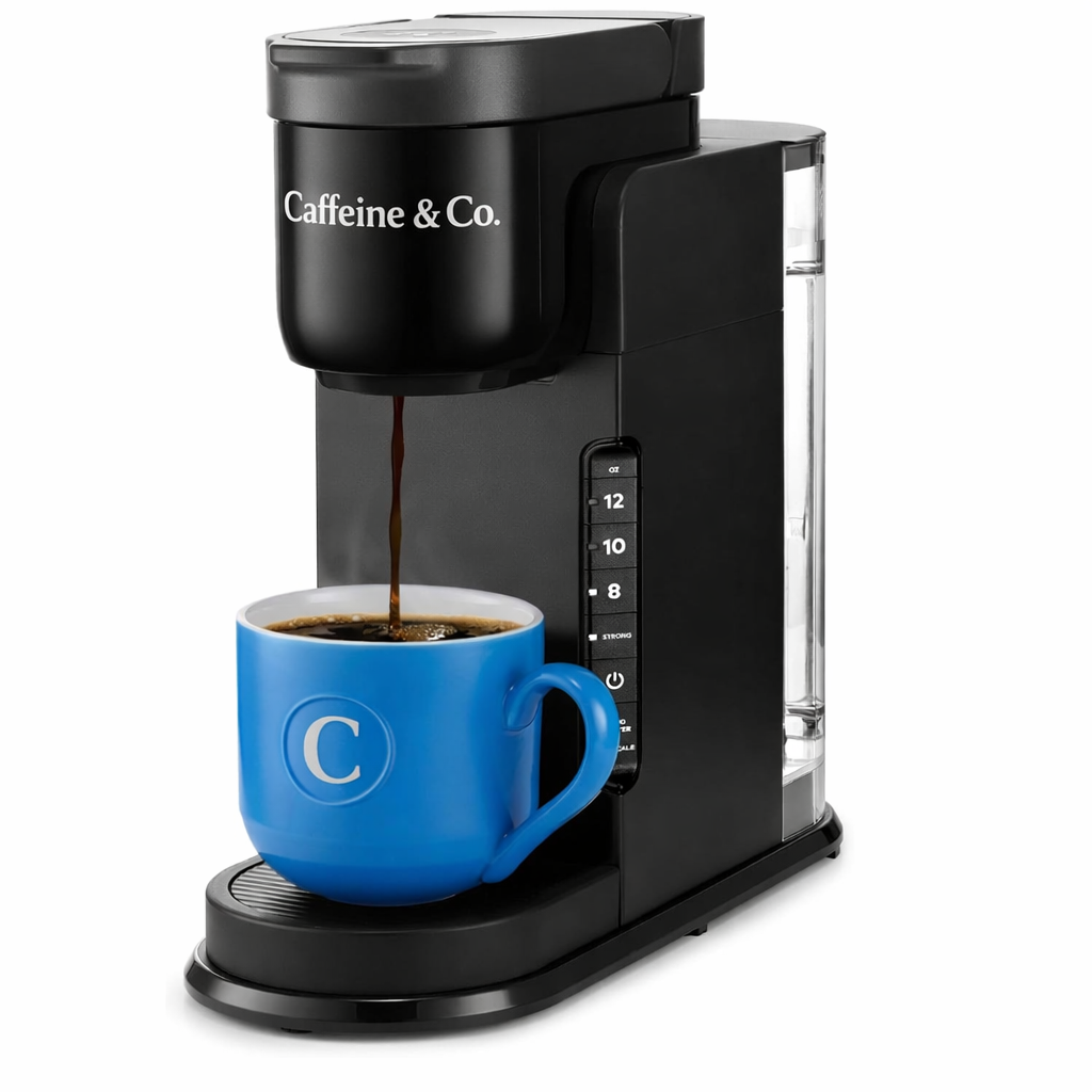 Caffeine & Co-Express Single Serve Coffee Maker – Strong Brew Option, 42oz Reservoir, Sleek Design for Holiday Hosting & Gifting