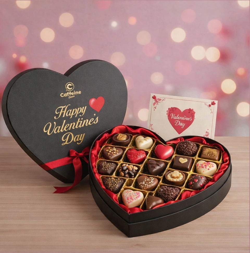 Caffeine & Co Valentine Bouquet & Luxury Chocolate Heart Box – Premium Love Gift Set