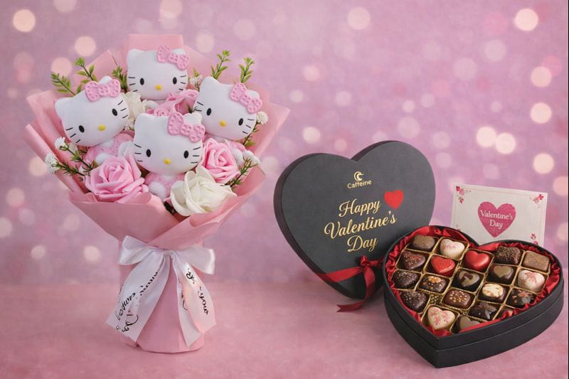 Caffeine & Co Valentine Bouquet & Luxury Chocolate Heart Box – Premium Love Gift Set