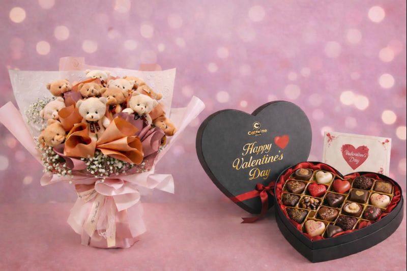 Caffeine & Co Valentine Bouquet & Luxury Chocolate Heart Box – Premium Love Gift Set