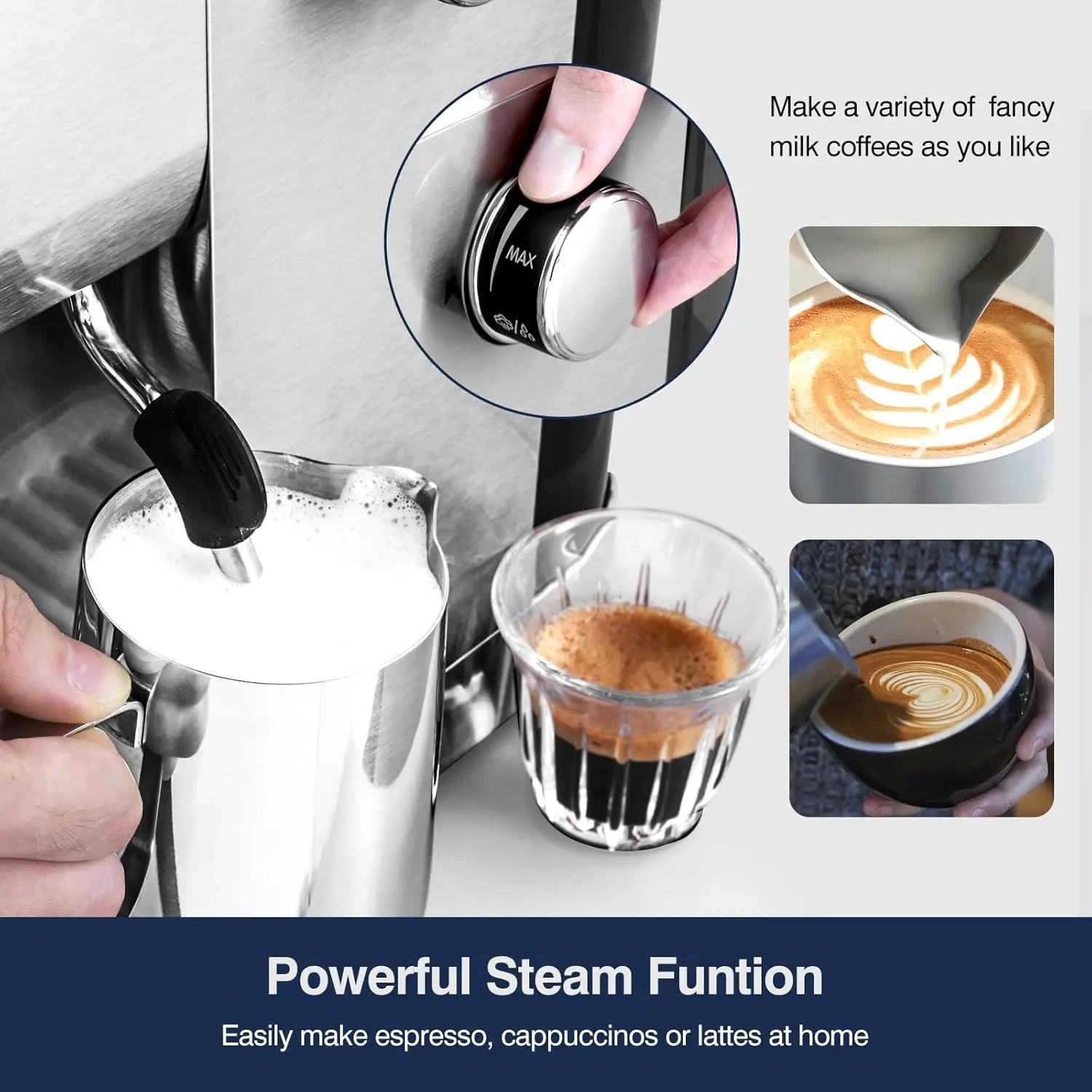 Caffeine & Co 20Bar Espresso Machine with LCD Display, Stainless Steel Coffee Maker for Home Use, Ideal Gift