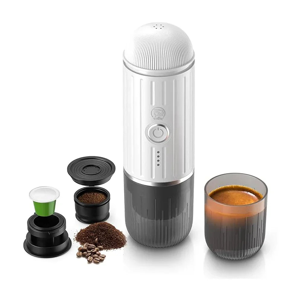Caffeine & Co Portable Electric Espresso Machine Travel Coffee Maker for Camping, Car Self-Heating with Ground Coffee & NS Capsule