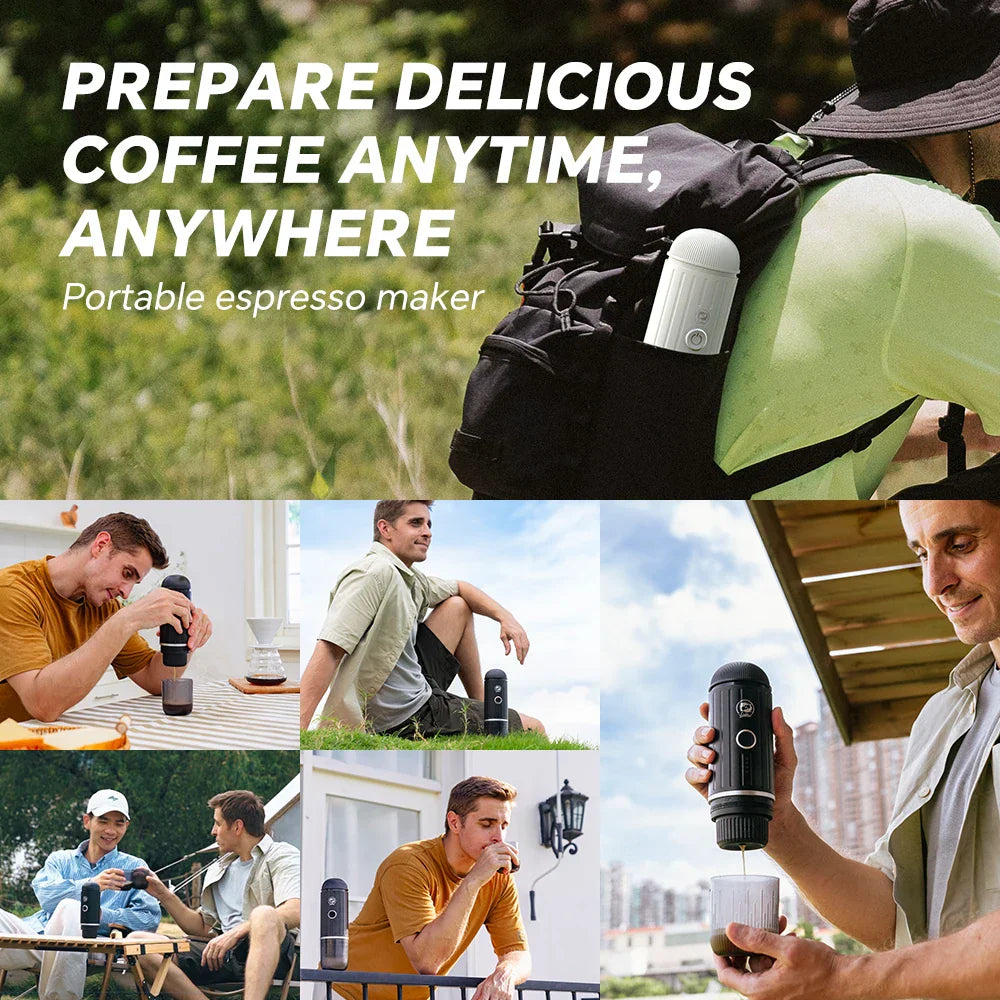 Caffeine & Co Portable Electric Espresso Machine Travel Coffee Maker for Camping, Car Self-Heating with Ground Coffee & NS Capsule