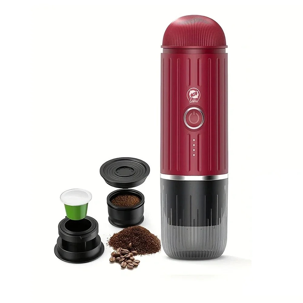 Caffeine & Co Portable Electric Espresso Machine Travel Coffee Maker for Camping, Car Self-Heating with Ground Coffee & NS Capsule